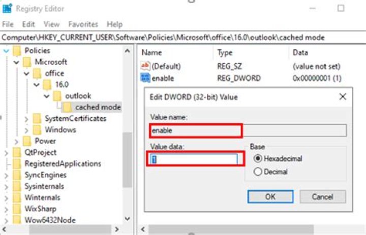 How do I enable cached Exchange Mode in registry?