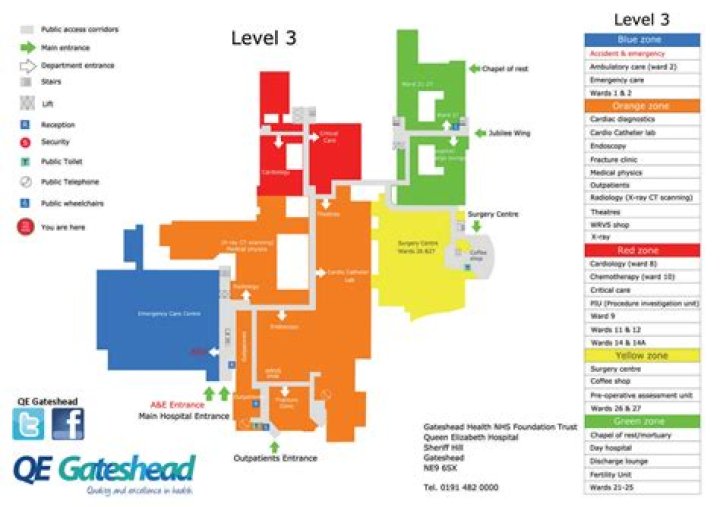 Where is the orange zone in the QE hospital Gateshead?
